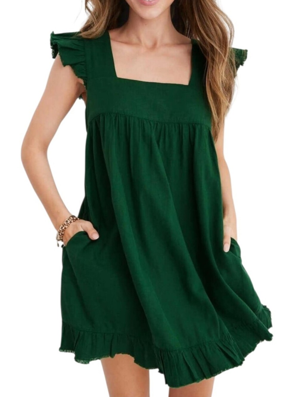 aerie Linen Blend Square Neck Ruffle Mini Dress Forest Green Medium